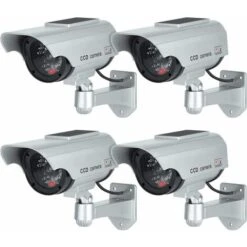 Caméras Factices Avec Panneau Solaire, Fausse De Sécurité Caméra CCTV Avec LED Lumière Pour Usage Intérieur Extérieur (4 Pack, Argent)