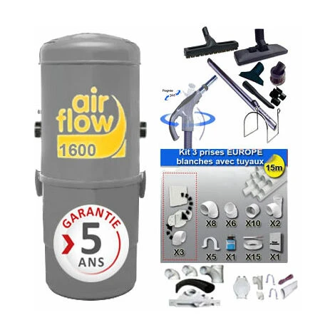 Aspirateur Central AIRFLOW 1600 Garantie 2 Ans (jusqu’à 300 M²) + Trousse Inter 9 ML + 8 Accessoires + Kit 3 Prises + Kit Prise Balai + Kit Prise Garage 3 Aspirateur Central AIRFLOW 1600 Garantie 2 Ans (jusqu’à 300 M²) + Trousse Inter 9 ML + 8 Accessoires + Kit 3 Prises + Kit Prise Balai + Kit Prise Garage