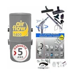 Aspirateur Central AIRFLOW 1400 Garantie 2 Ans (jusqu’à 180 M²) + Trousse Inter 9 ML + 8 Accessoires + Kit 3 Prises + Kit Prise Balai + Kit Prise Garage