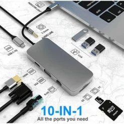 HUB USB C, Station D'accueil, Adaptateur USB C 10 En 1 Avec HDMI 4K, VGA, Type C PD, Ports USB 3.0, Ethernet RJ45, Lecteur De Carte SD/TF, AUX 3,5 Mm, Compatible Avec MacBook Pro/Air, Plus Appareils D -Dahuace Boutique 77809292 2