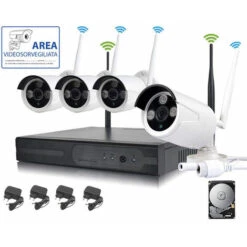 KIT DE TÉLÉSURVEILLANCE SANS FIL FULL HD IP 4 CAMÉRAS 2 MPX 2 TB WIFI