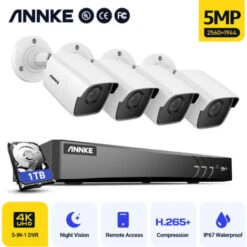 ANNKE Système De Caméra De Vidéosurveillance 8 Canaux Ultra HD 4K H.265 + DVR Et Caméras 4 × 5MP HD Résistantes Aux Intempéries Avec EXIR LED IR Night Vision - Avec Disque Dur De 1 To